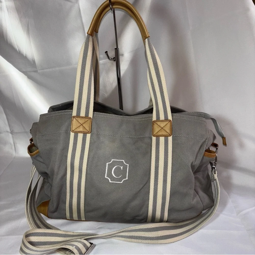 Pottery Barn Kids Gray and Brown Classic Baby Diaper Bag with Initial C